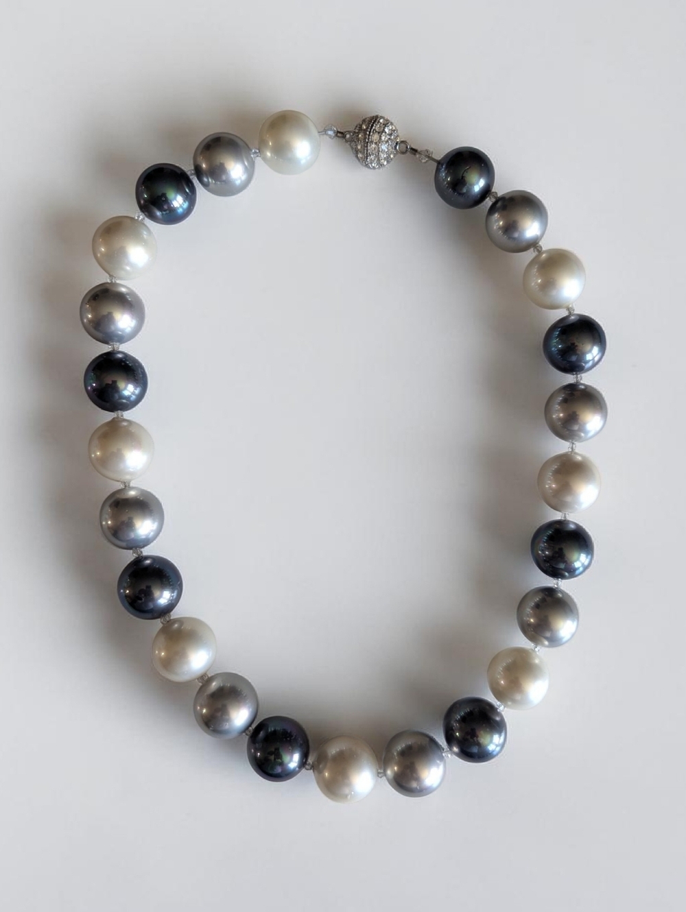 Multi-Tone White, Silver & Black Pearl Necklace with Sparkling Clasp